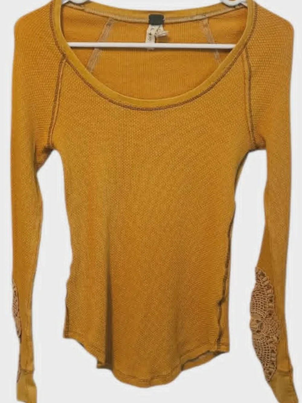 Free People Synergy Thermal Top Mustard Yellow Crotchet Lace Cuffs Size S(P)